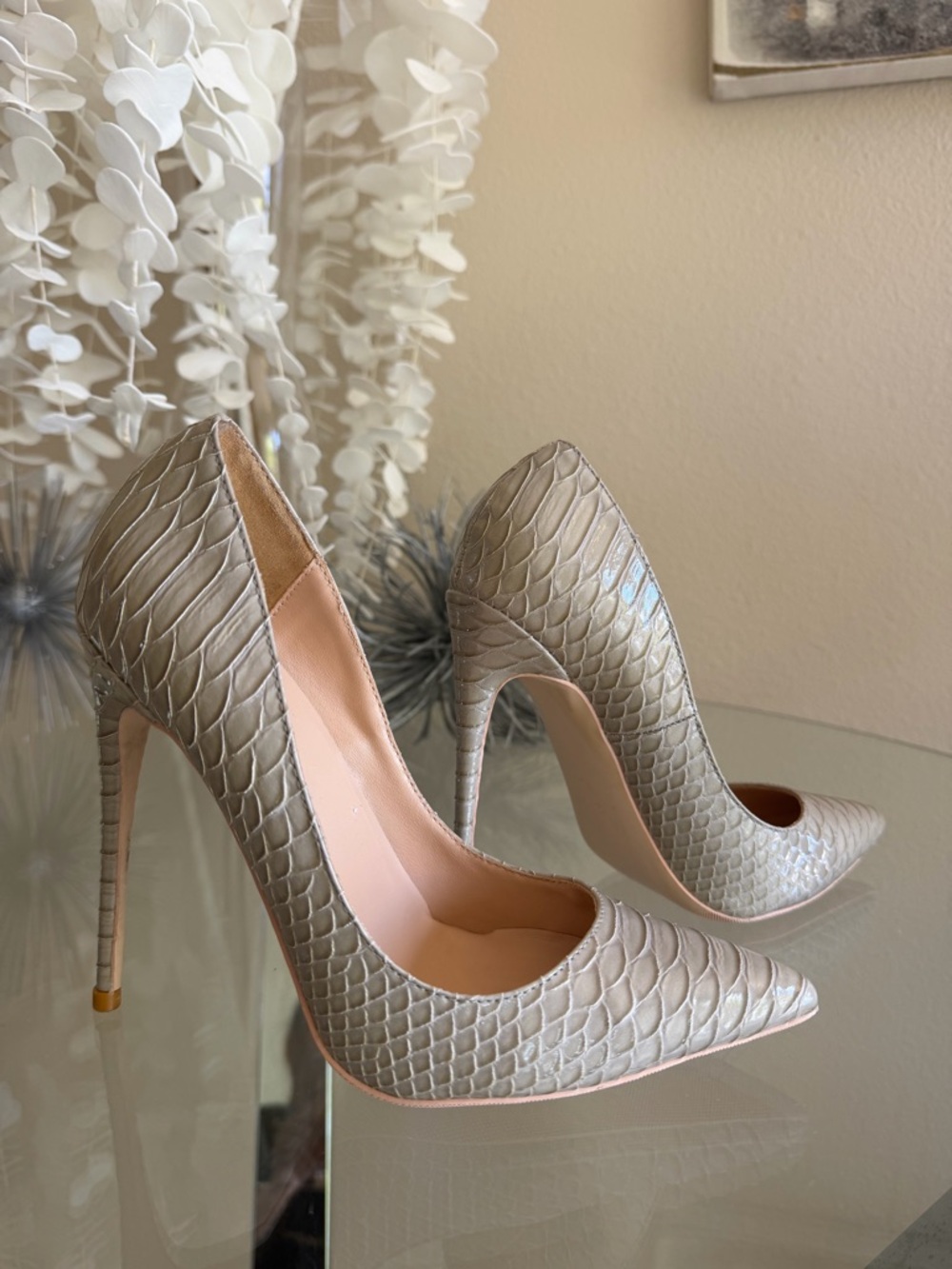 Women’s Pointed Toe High Heel Pumps in Metallic Taupe